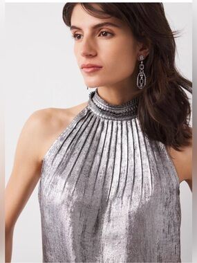 NWT White House Black Market Metallic Silver Gunmetal Halter-Neck Top size 10